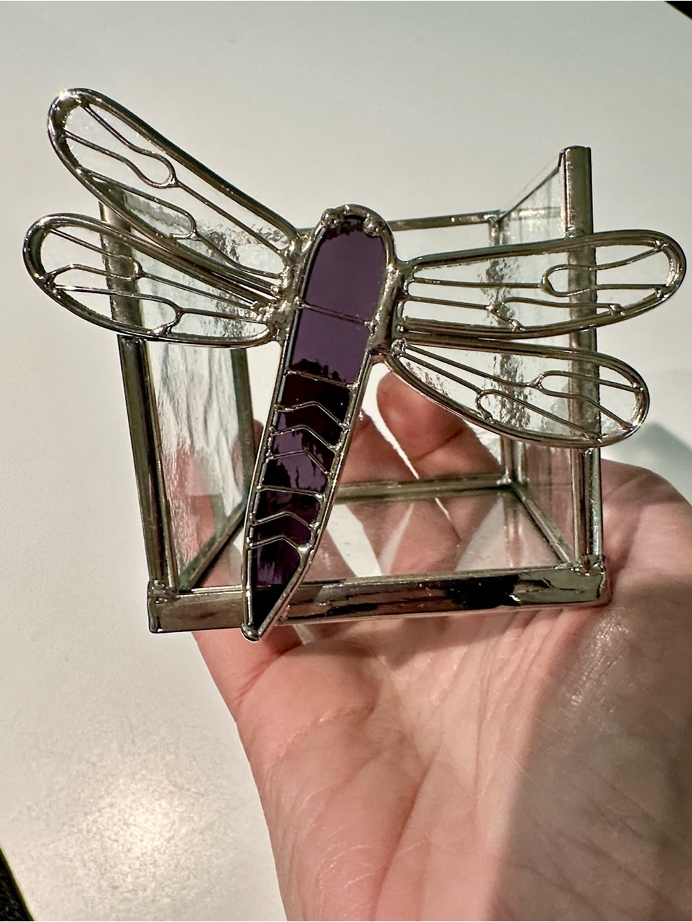 Stained Glass Dragonfly Votive/Trinket Holder - Purple Accents - Picture 1 of 5
